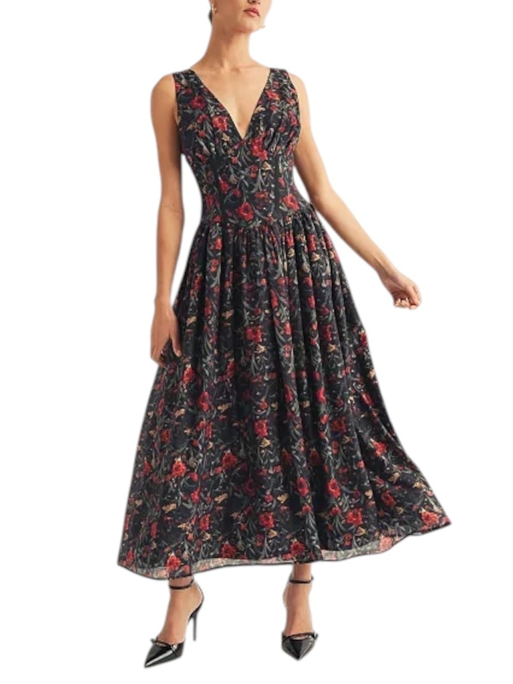NWT AROSE Studio Women’s V-Neck Detailed Floral Printed Maxi Dress
